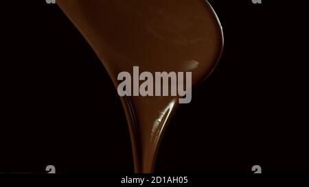 Wooden spoon stirring soft melted rich chocolate on black background Stock Photo
