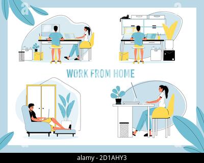 Man, woman freelancer work remotely from home set Stock Vector