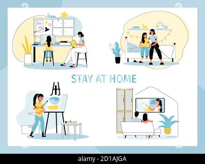 People stay home social motivation poster set Stock Vector