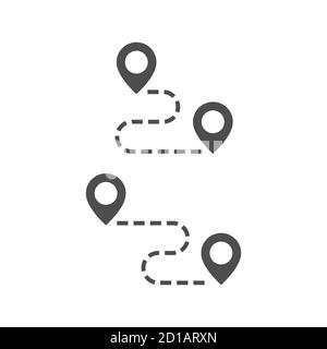 Road map black vector icon. Location pin with dashed route line glyph symbol. Stock Vector