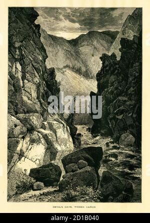 Antique wood engraving of Devil's Gate, a rock formation located in Weber Canyon, U.S. state of Utah. Illustration published in Picturesque America or Stock Photo
