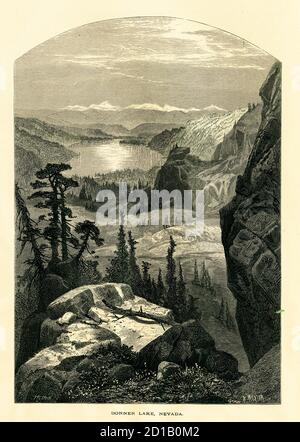 Antique illustration of Donner Lake in the U.S. state of California as viewed from Sierra Nevada. Engraving published in Picturesque America or the La Stock Photo