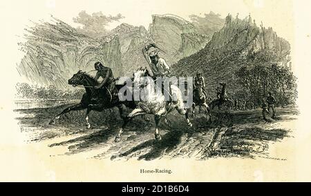 Wood engraving depicting horse racing in Yosemite Valley, U.S. state of California. Illustration published in Picturesque America or the Land We Live Stock Photo