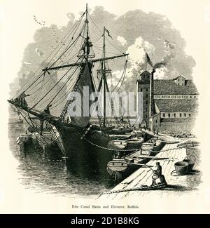 Antique illustration of Lake Erie Canal in Buffalo, U.S. state of New York. Engraving published in Picturesque America or the Land We Live In (D. Appl Stock Photo