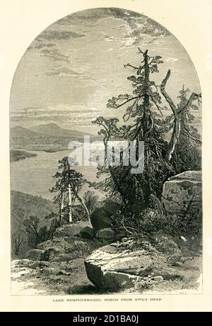 Antique illustration of Lake Memphremagog, located between Newport, Vermont, USA and Magog, Quebec, Canada. Engraving published in Picturesque America Stock Photo