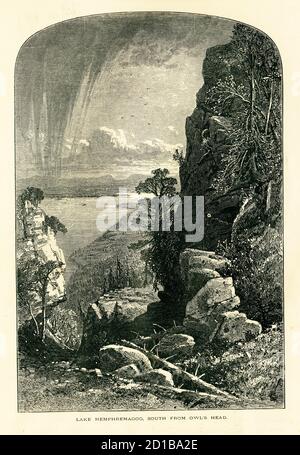 Antique illustration of Lake Memphremagog, located between Newport, Vermont, USA and Magog, Quebec, Canada. Engraving published in Picturesque America Stock Photo