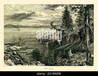19th-century engraving of Lake Tahoe in the Sierra Nevada mountain range, USA. Illustration published in Picturesque America or the Land We Live In (D Stock Photo