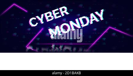 Cyber monday sale glitch neon symbol on abstract futuristic background with lines and pixels. vector illustration Stock Vector