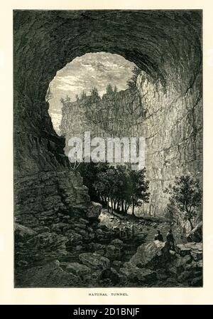 Antique wood engraving of the interior of Natural Tunnel, a cave in the Appalachian Mountains, U.S. state of Virginia. Illustration published in Pictu Stock Photo