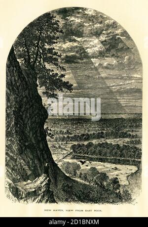 Antique illustration of New Haven viewed from East Rock, a rock ridge in the U.S. state of Connecticut. Engraving published in Picturesque America or Stock Photo