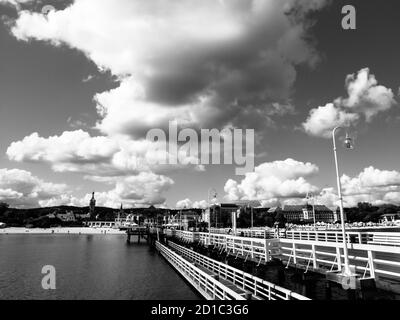 Sopot pier, the longest pier in Europe, Poland. Black and white image. Stock Photo