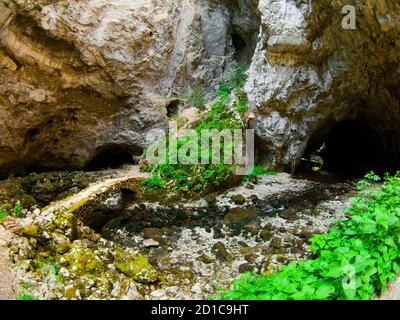 Small stone bridge and cave entrance, Natural park Rakov Skocjan, Slovenia Stock Photo