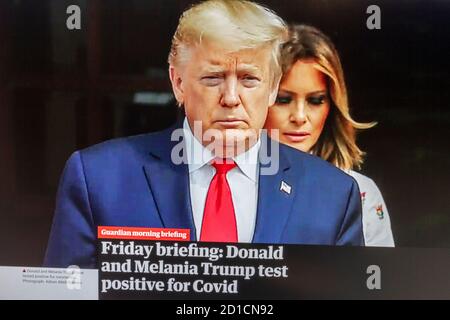 Screenshot of Guardian newspaper in the UK announcing that US President Donald Trump had tested positive for Covid-19 on 2nd October 2020. Stock Photo