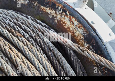Steel cable roll on winch Stock Photo
