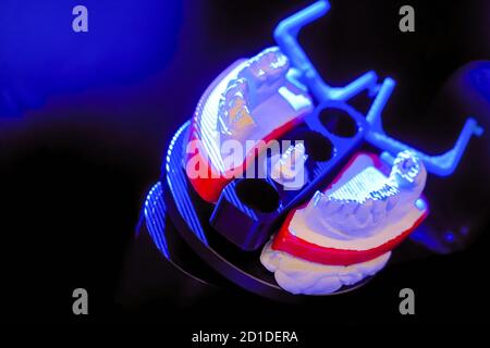 Automatic 3D dental scanner for dental gypsum model scanning and measuring with rotating platform - close up view. Stomatology, medicine, restoration Stock Photo