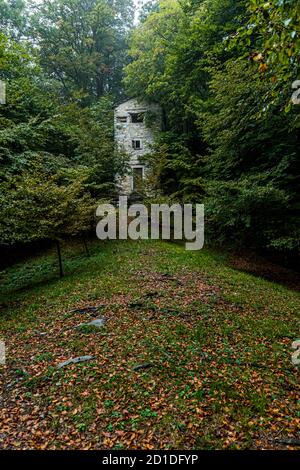 Hidden among the trees, at an altitude of 950 meters stands the Roccolo Meri, the bird tower of Scudellate. The tower has been restored and can also be visited at certain times. Roccolo in Scudelate, Ticino, Switzerland Stock Photo