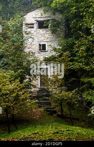 Hidden among the trees, at an altitude of 950 meters stands the Roccolo Meri, the bird tower of Scudellate. The tower has been restored and can also be visited at certain times. Roccolo in Scudelate, Ticino, Switzerland Stock Photo