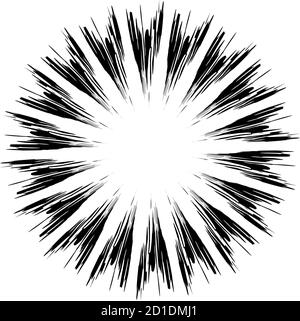 Radial element with grungy, grunge radiating lines. Burst, starburst, sunburst with grungy spokes Stock Vector