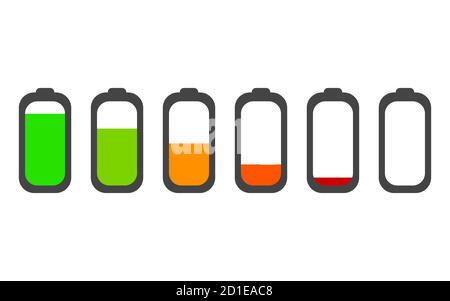 Battery charge indicator green icons set for. Battery different charging levels form low to high vector collection isolated Stock Vector