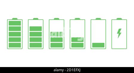 Battery charge indicator green icons set for UI design. Battery different charging levels form low to high vector collection isolated Stock Vector