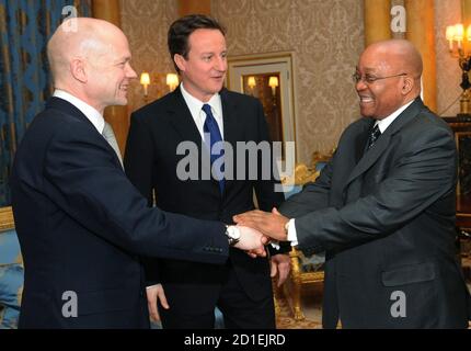 Britain's Conservative Party Leader David Cameron (C) and Shadow Foreign Secretary William Hague meet South Africa's President Jacob Zuma (R) at Buckingham Palace in London March 3, 2010. REUTERS/Stefan Rousseau/Pool (BRITAIN - Tags: POLITICS)