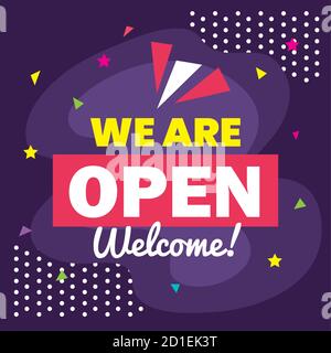 banner, lettering we are open welcome on purple background Stock Vector