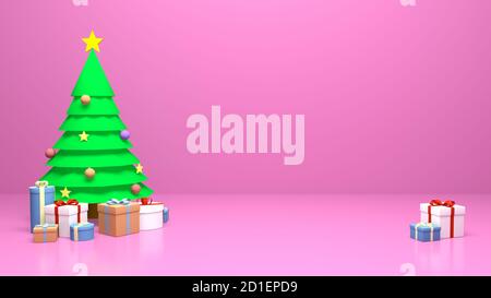 Christmas tree and gift boxes. Ideal for making Christmas and New Year cards or posters. Isolated pink background. Stock Photo