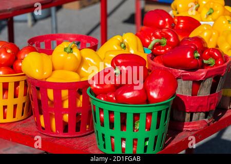 Green, orange and red bell peppers in baskets for sale at farmers market Stock Photo