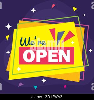 banner, lettering we are open on purple background Stock Vector