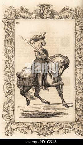 Costume of an ancient Goth cavalryman. He wears a crested helm, suit of plate armour and spurs, carries a lance and shield similar to the 16th century military. Anciens cavaliers Goths. Within a decorative frame engraved by H. Catenacci and Fellmann. Woodblock engraving by Gerard Seguin and E.F. Huyot after a woodcut by Christoph Krieger from Cesare Vecellio’s 16th century Costumes anciens et modernes, Habiti antichi et moderni di tutto il mondo, Firman Didot Ferris Fils, Paris, 1859-1860. Stock Photo