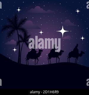 classic christmas nativity 3 wise men on riding camels silhouette side ...