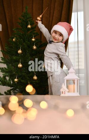 A child in a striped cap decorates the Christmas tree at home. Stretches for the top with a decorative top.  Stock Photo