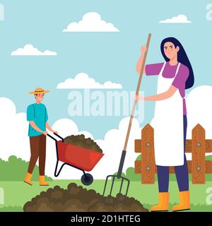 Gardening man and woman with rake and wheelbarrow vector design Stock Vector