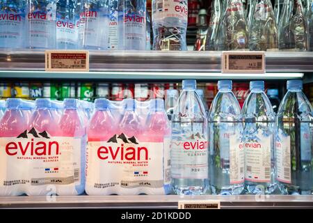 Shenzhen, China. 05th Oct, 2020. Bottles of Evian mineral water seen at a supermarket. Credit: SOPA Images Limited/Alamy Live News Stock Photo