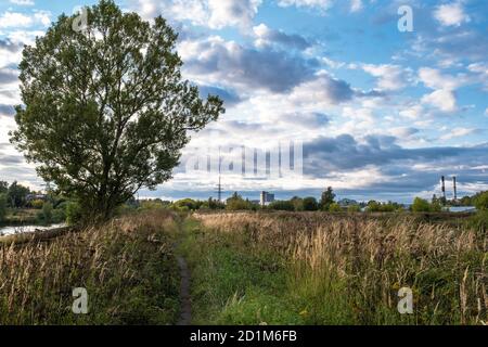 A path overgrown with tall dry grass along the Uvod River in the city of Ivanovo on an autumn day. Stock Photo