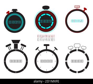 Set of vector illustrated timers, clocks. Time management, sport clock concept. Collection of time alarm clock, simple stopwatch icons for web. Stock Vector