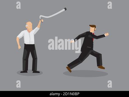 Vector cartoon illustration of old man using walking cane to chase away salesperson isolated on grey background. Stock Vector