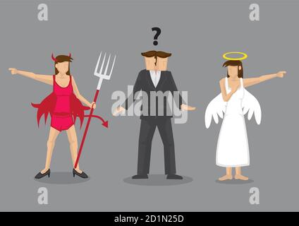 Red devil and white angel pointing to different direction leaving cartoon man confused. Creative vector illustration for difficult decision concept is Stock Vector