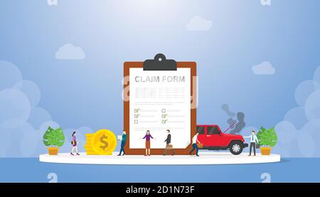 claim form on the clipboard with team people and car crash with modern flat style Stock Vector