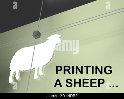 3D illustration of a sheep figure under a three dimensional printer, along with the text PRINTING A SHEEP text Stock Photo