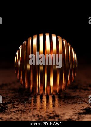 3d copper banded sphere on metallic floor against black background, 3d illustration Stock Photo