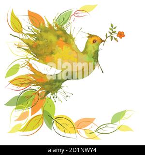 Flying Green Dove with Fall Leaves Stock Vector