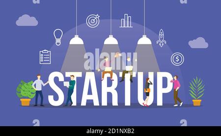 startup business concept with team people and modern icon object modern flat with big text or word Stock Vector