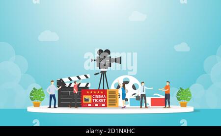 cinema movie festival with various movie object with people discussion with modern flat style Stock Vector