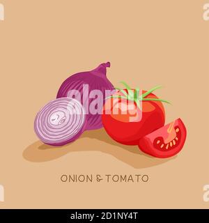 Fresh vegetables Onion and Tomato isolated vector illustration Stock Vector