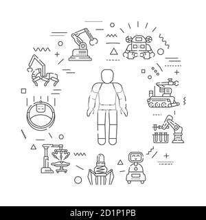 Robotics web banner. Innovation in technology. Assistants for people in different industries. Infographics with linear icons on white background Stock Vector