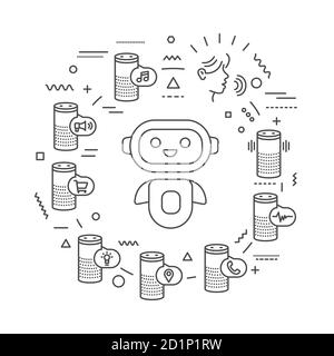 Smart speaker web banner. Personal voice assistant, talk recognition. Infographics with linear icons on white background. Creative idea concept Stock Vector