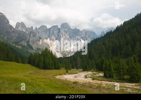 The Pale of San Martino group view from Malga Venegia in the Dolomites Stock Photo