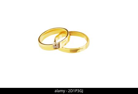 Wedding rings for women and men from yellow gold isolated on a white background. Stock Photo