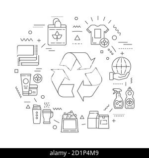 Zero waste web banner. Recyclable materials. Infographics with linear icons on white background. Creative idea concept. Isolated outline black Stock Vector